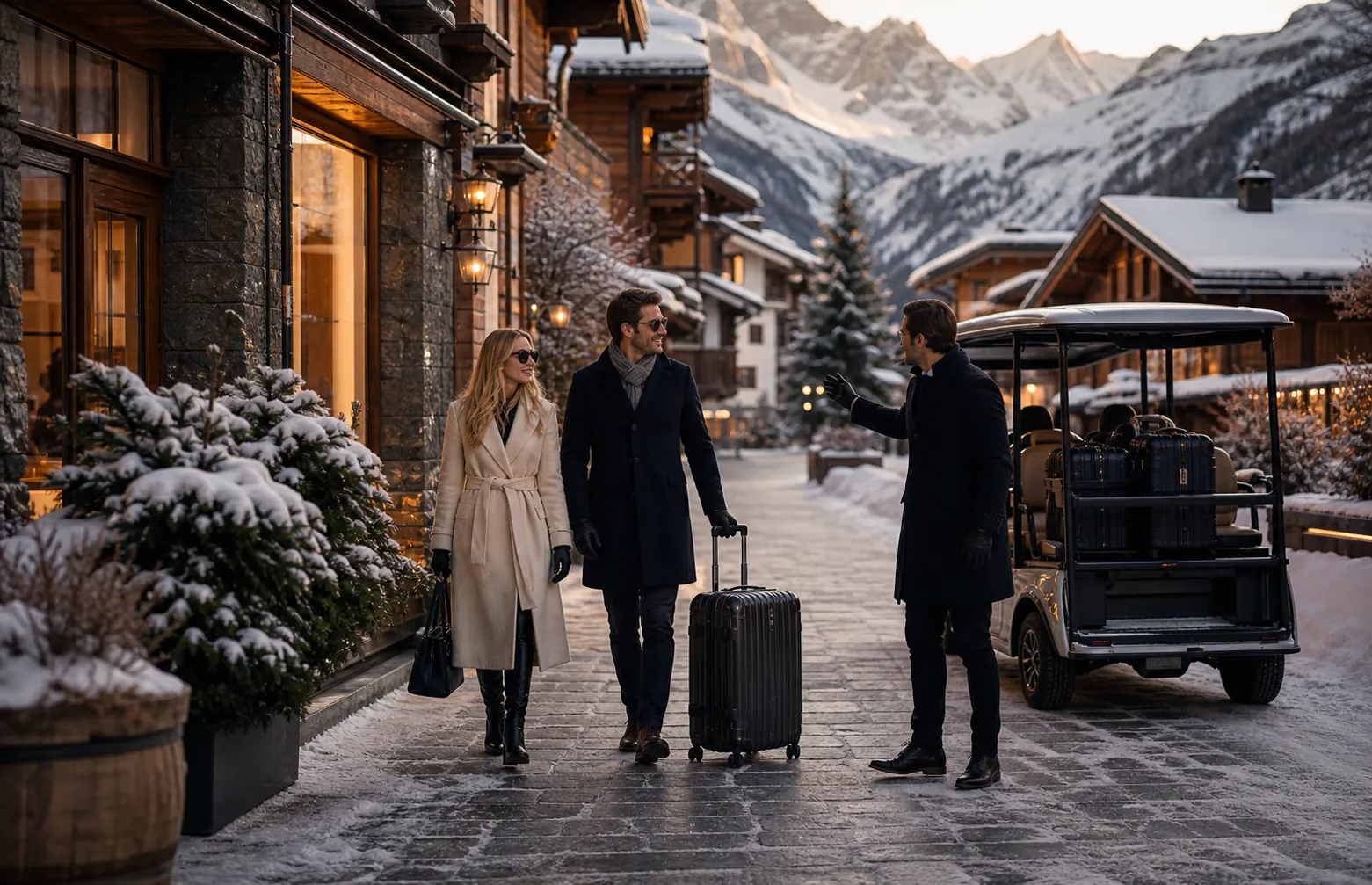 Travelers being welcomed through Zermatt's car-free village with luggage support