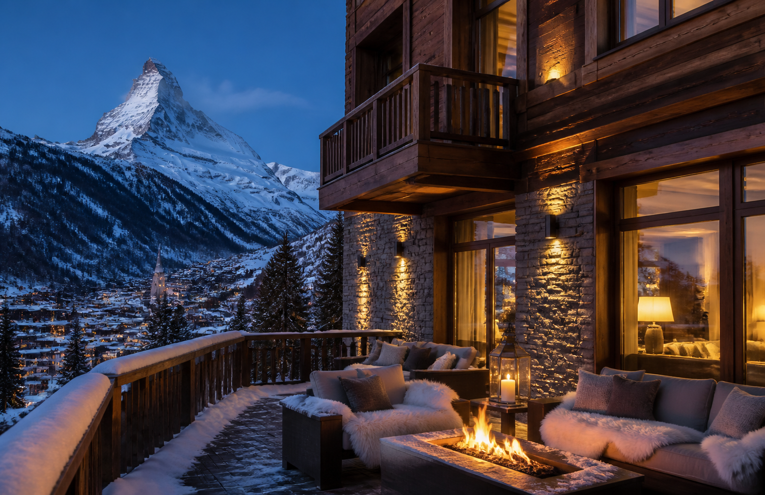 Alpine chalet terrace overlooking Zermatt and the Matterhorn at blue hour
