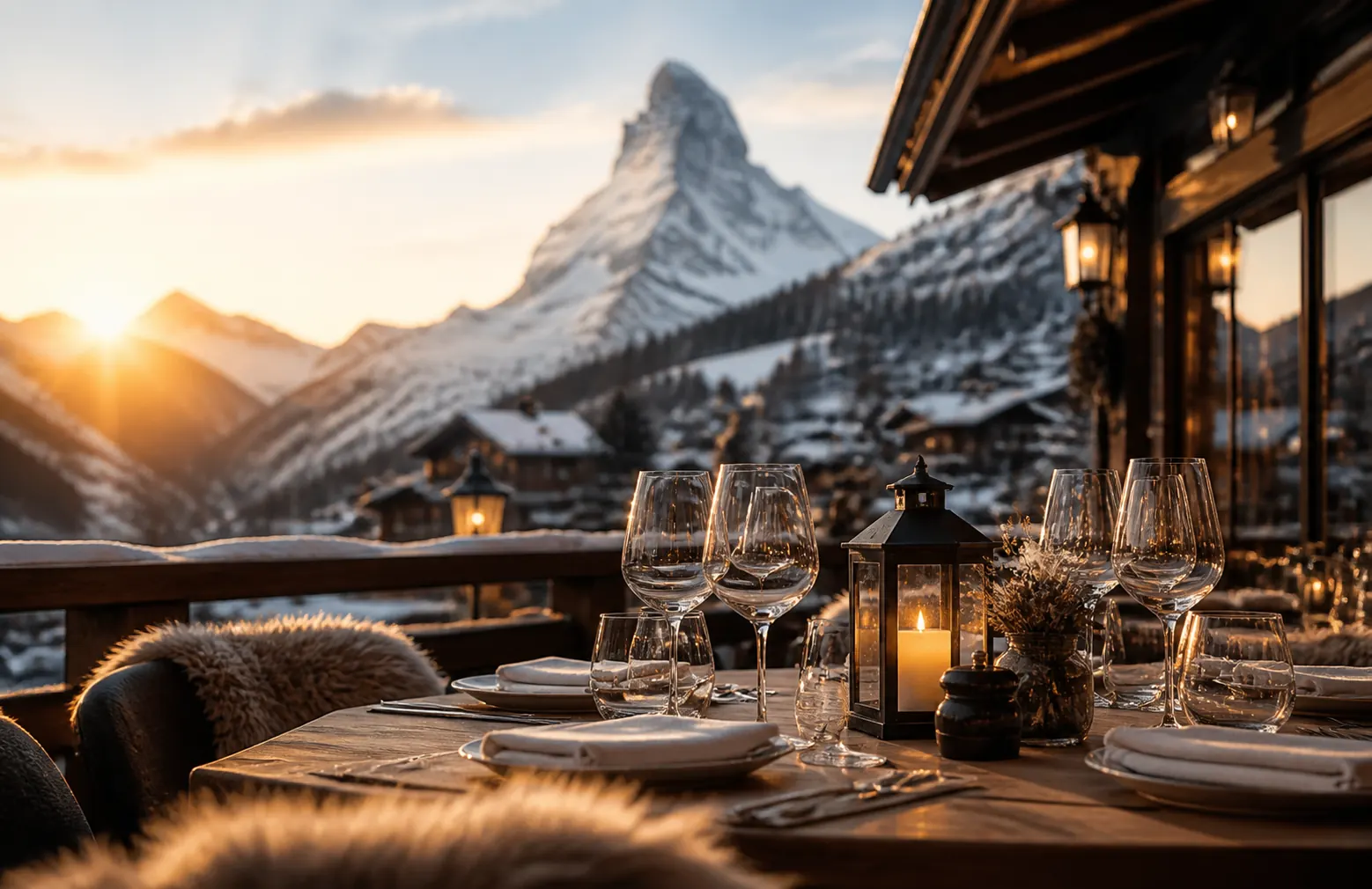 Alpine restaurant terrace set for dinner with the Matterhorn at sunset