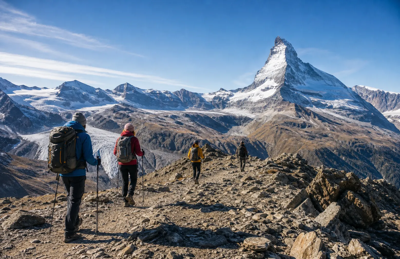 Guided alpine hiking group facing the Matterhorn from a high mountain trail